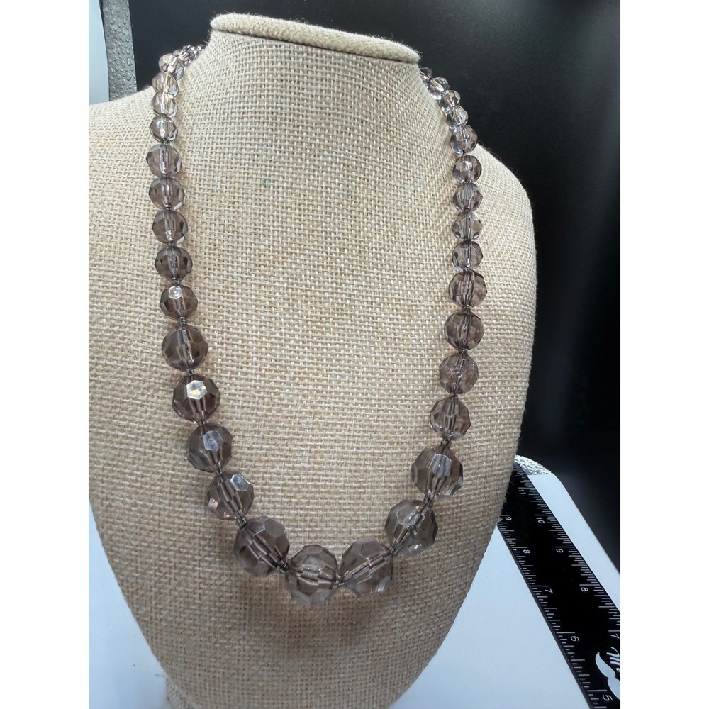 Smoky Grey Faceted Graduated Bead Necklace‎ Silver Tone Adjustable 18-20.5 Inch
